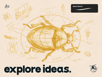 Illustration of a beetle with scientific drawings and text on a beige background