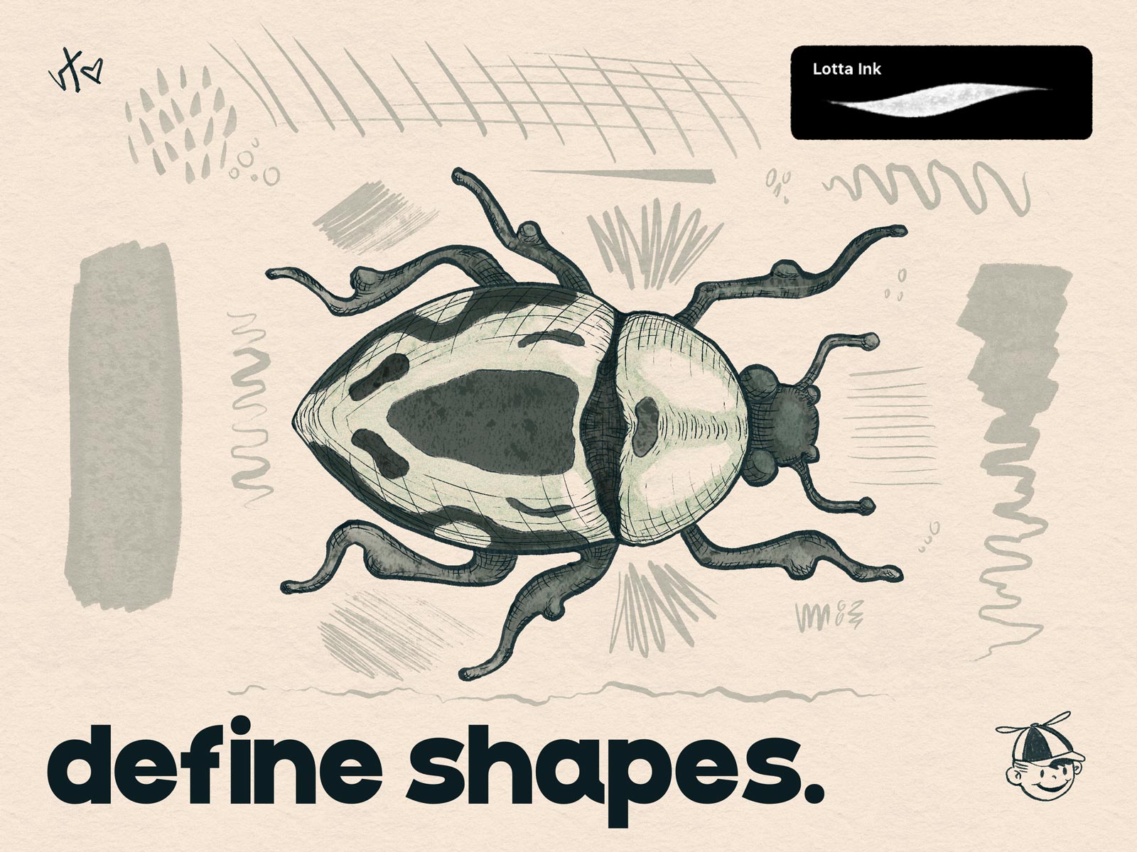 Illustration of a beetle with artistic elements and 'Lotta Ink' branding on a beige background.