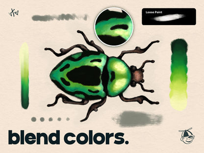 Illustration of a green beetle with color blending examples on a beige background.
