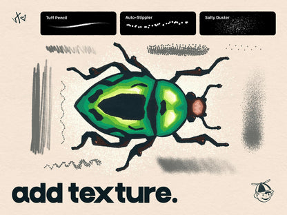 Illustration of a green beetle with text about texture addition tools on a beige background